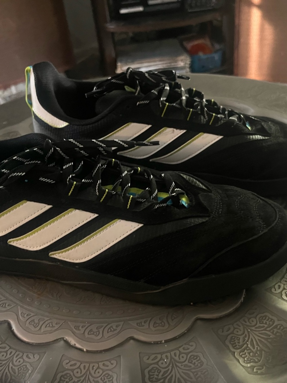 adidas Black White Athletic Sneakers with Neon Yellow Accents